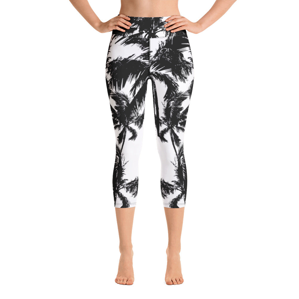 Black White Palm Tree High Waist Yoga Capri Leggings